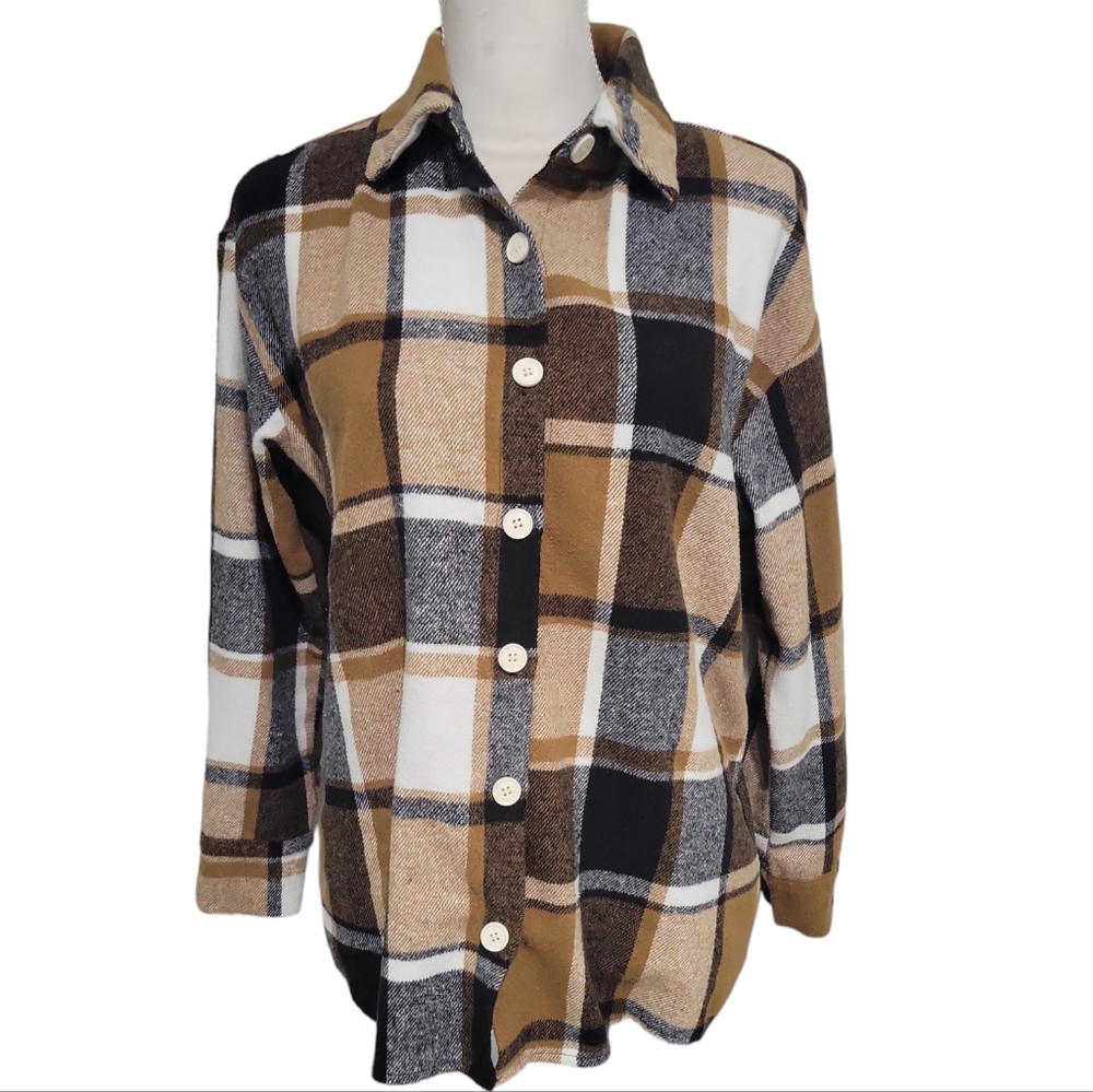 Shein Brown Plaid Button Down Shirt Size Medium